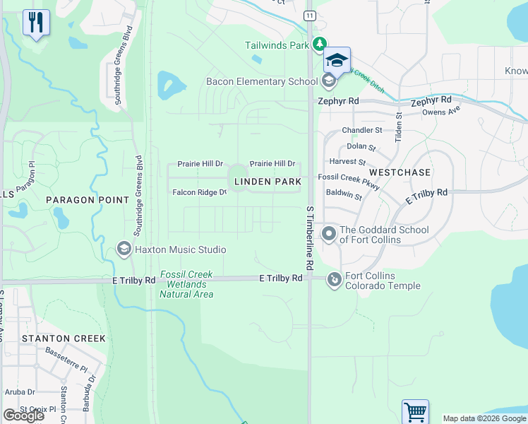 map of restaurants, bars, coffee shops, grocery stores, and more near 1939 Falcon Ridge Drive in Fort Collins
