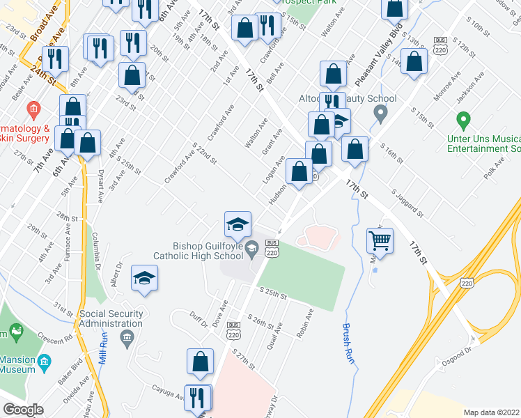 map of restaurants, bars, coffee shops, grocery stores, and more near 2018 Hudson Avenue in Altoona