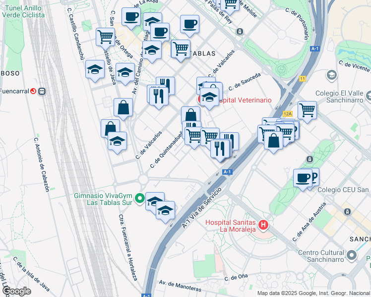 map of restaurants, bars, coffee shops, grocery stores, and more near 15 Calle Quintanavides in Madrid