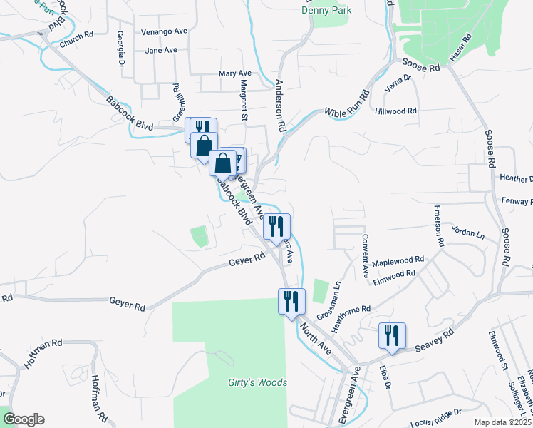 map of restaurants, bars, coffee shops, grocery stores, and more near 1514 Evergreen Road in Pittsburgh