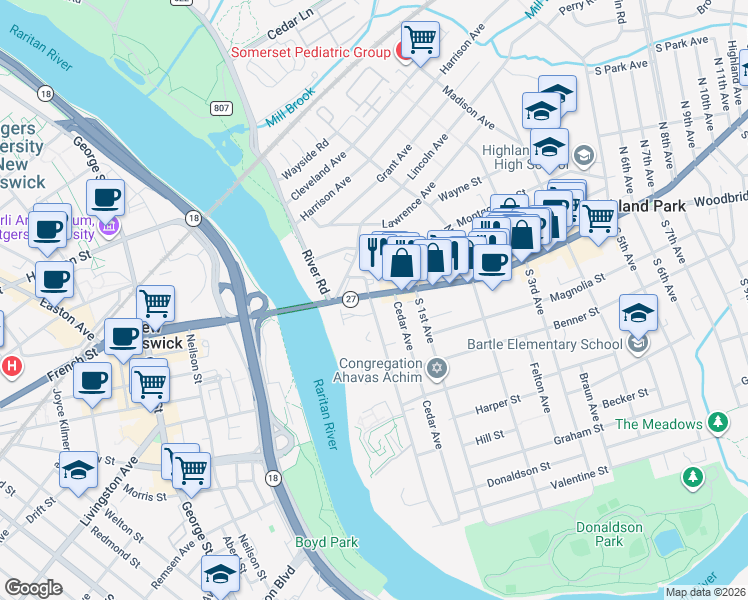 map of restaurants, bars, coffee shops, grocery stores, and more near 17 North Adelaide Avenue in Highland Park