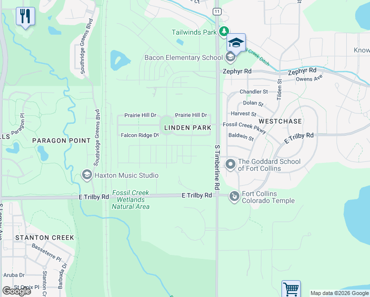 map of restaurants, bars, coffee shops, grocery stores, and more near 1939 Falcon Ridge Drive in Fort Collins