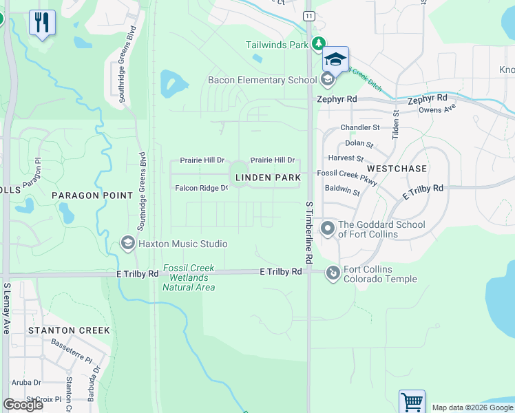 map of restaurants, bars, coffee shops, grocery stores, and more near 1939 Falcon Ridge Drive in Fort Collins