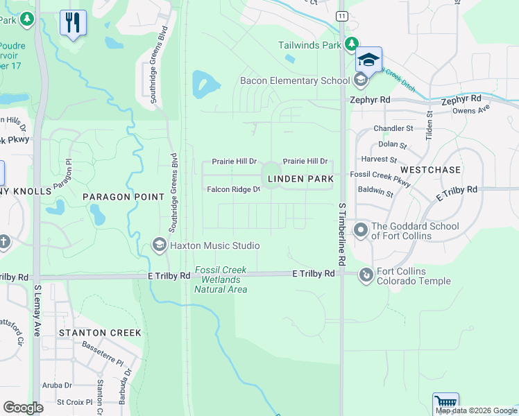 map of restaurants, bars, coffee shops, grocery stores, and more near 1803 Falcon Ridge Drive in Fort Collins