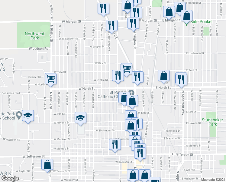 map of restaurants, bars, coffee shops, grocery stores, and more near 1234 North Courtland Avenue in Kokomo