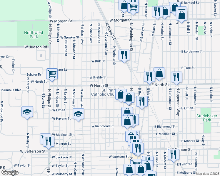 map of restaurants, bars, coffee shops, grocery stores, and more near 1234 North Courtland Avenue in Kokomo