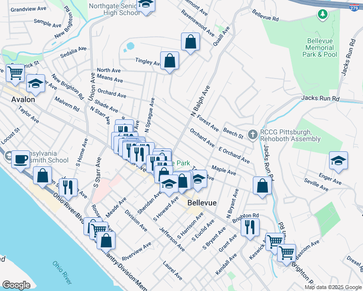 map of restaurants, bars, coffee shops, grocery stores, and more near 481 Dawson Avenue in Pittsburgh