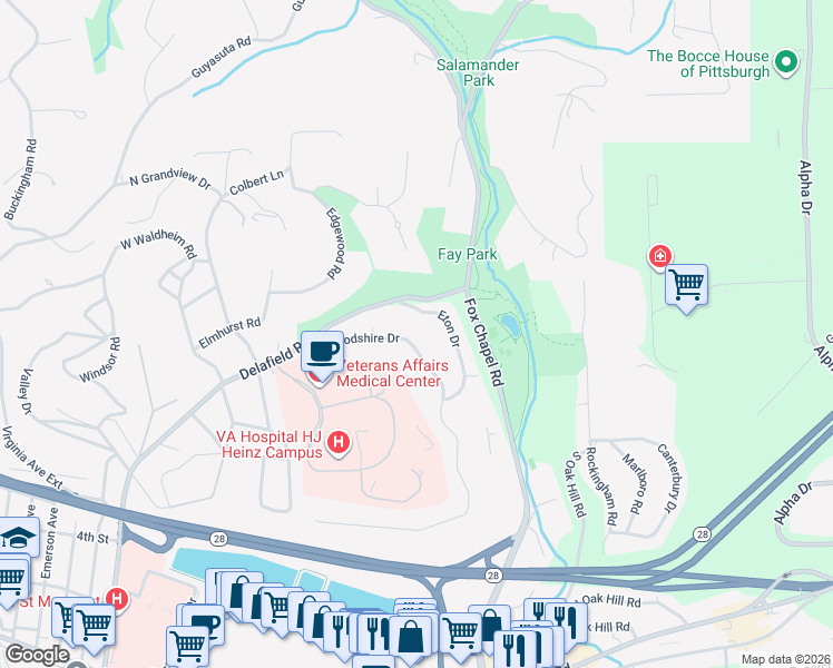 map of restaurants, bars, coffee shops, grocery stores, and more near 104 Eton Drive in Pittsburgh