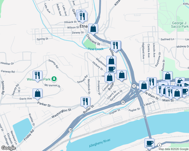 map of restaurants, bars, coffee shops, grocery stores, and more near 22 Oakland Street in Pittsburgh