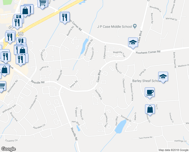 map of restaurants, bars, coffee shops, grocery stores, and more near Sequoia Ct & Locust Ct in Flemington