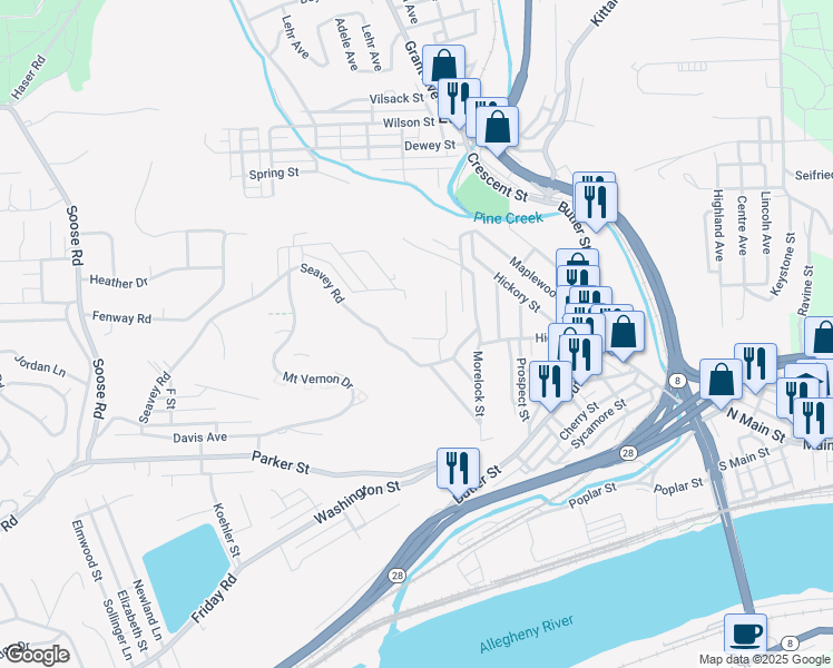 map of restaurants, bars, coffee shops, grocery stores, and more near 19 Mildred Street in Pittsburgh