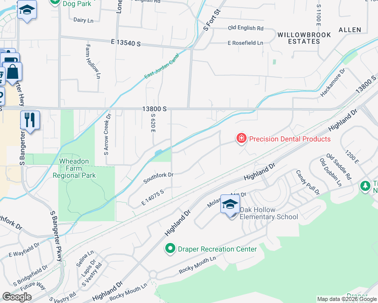 map of restaurants, bars, coffee shops, grocery stores, and more near 731 East corner ridge drive in Draper