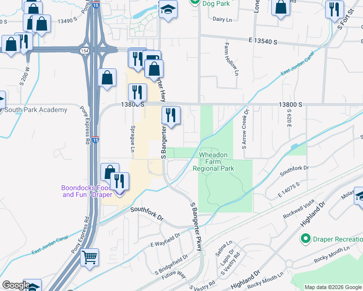map of restaurants, bars, coffee shops, grocery stores, and more near 13926 South Rockwell View Lane in Draper