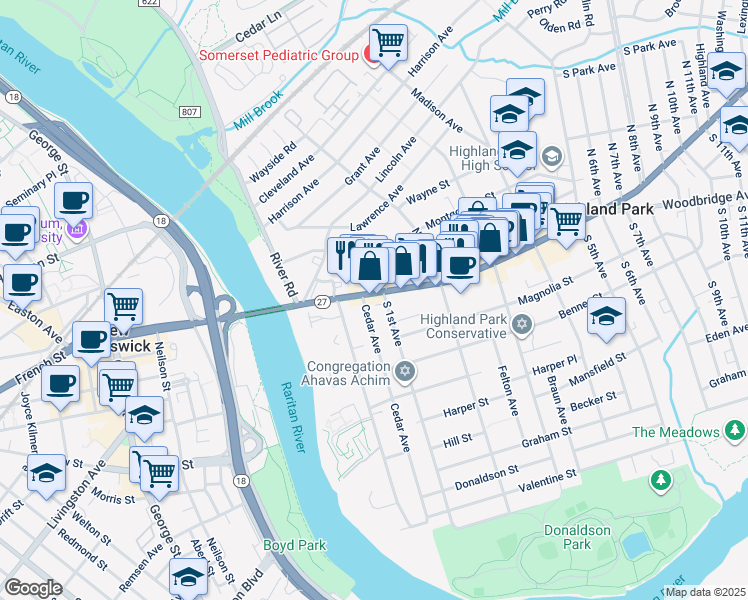 map of restaurants, bars, coffee shops, grocery stores, and more near 85 Raritan Avenue in Highland Park