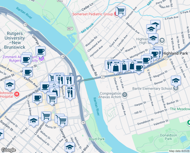 map of restaurants, bars, coffee shops, grocery stores, and more near 20-40 River Road in Highland Park