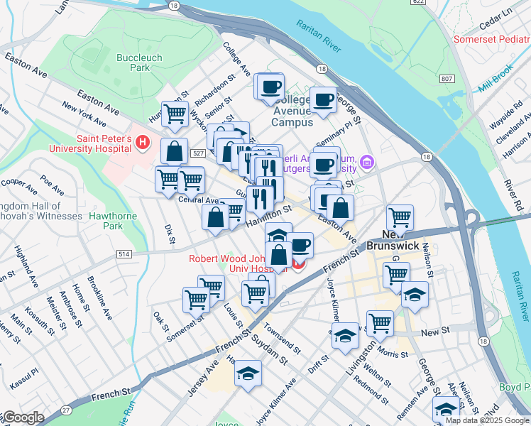 map of restaurants, bars, coffee shops, grocery stores, and more near 15 Guilden Street in New Brunswick