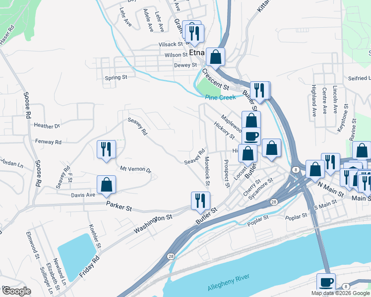 map of restaurants, bars, coffee shops, grocery stores, and more near 25 1/2 James Street in Pittsburgh