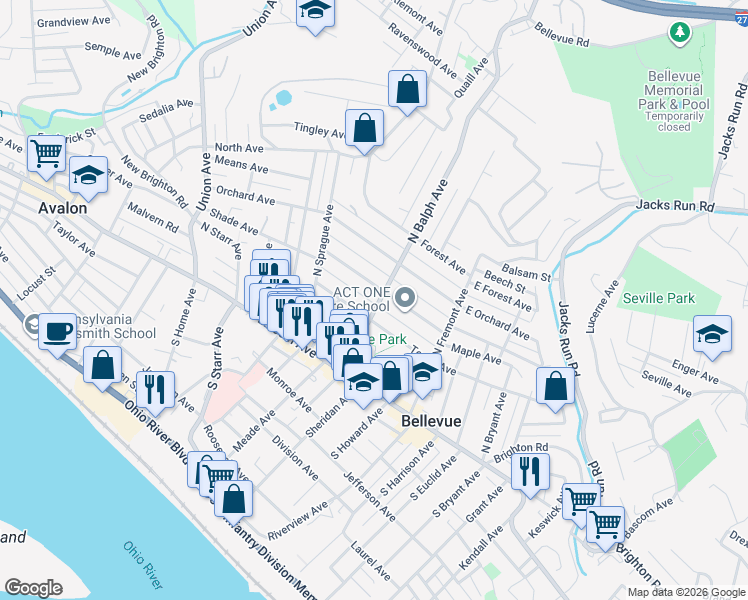 map of restaurants, bars, coffee shops, grocery stores, and more near 103 North Balph Avenue in Pittsburgh