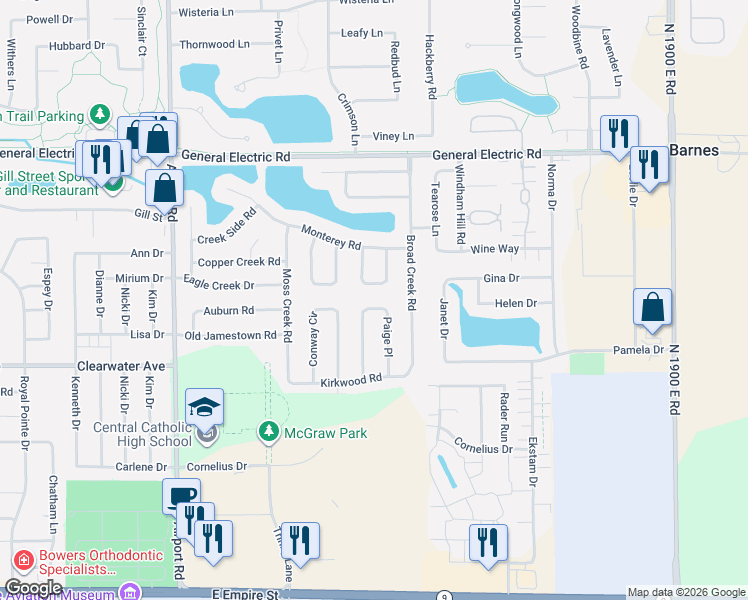 map of restaurants, bars, coffee shops, grocery stores, and more near 24 Waterside Circle in Bloomington