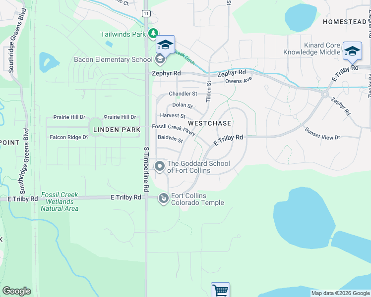 map of restaurants, bars, coffee shops, grocery stores, and more near 2232 Baldwin Street in Fort Collins