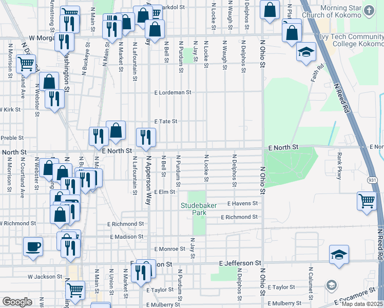 map of restaurants, bars, coffee shops, grocery stores, and more near 700 East North Street in Kokomo