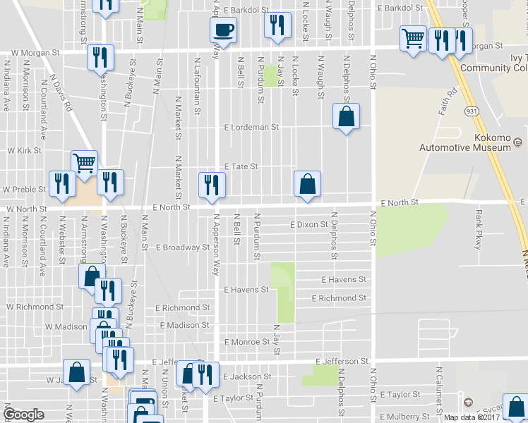map of restaurants, bars, coffee shops, grocery stores, and more near 705 East North Street in Kokomo