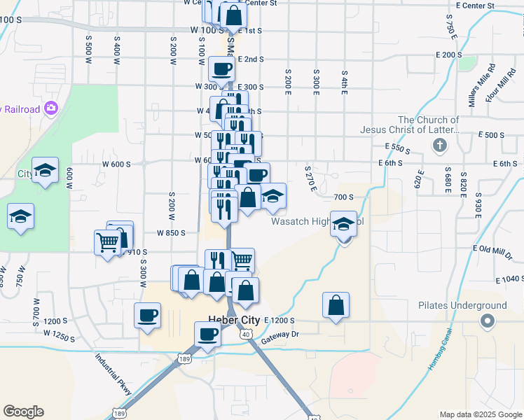 map of restaurants, bars, coffee shops, grocery stores, and more near 200 East 800 South in Heber City