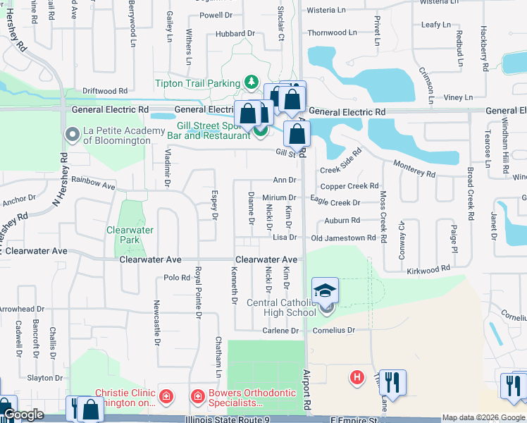 map of restaurants, bars, coffee shops, grocery stores, and more near 3011 Mirium Drive in Bloomington