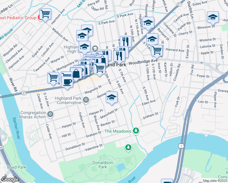 map of restaurants, bars, coffee shops, grocery stores, and more near 222 South 5th Avenue in Highland Park