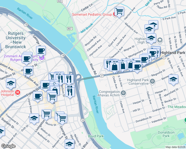map of restaurants, bars, coffee shops, grocery stores, and more near 20-40 River Road in Highland Park