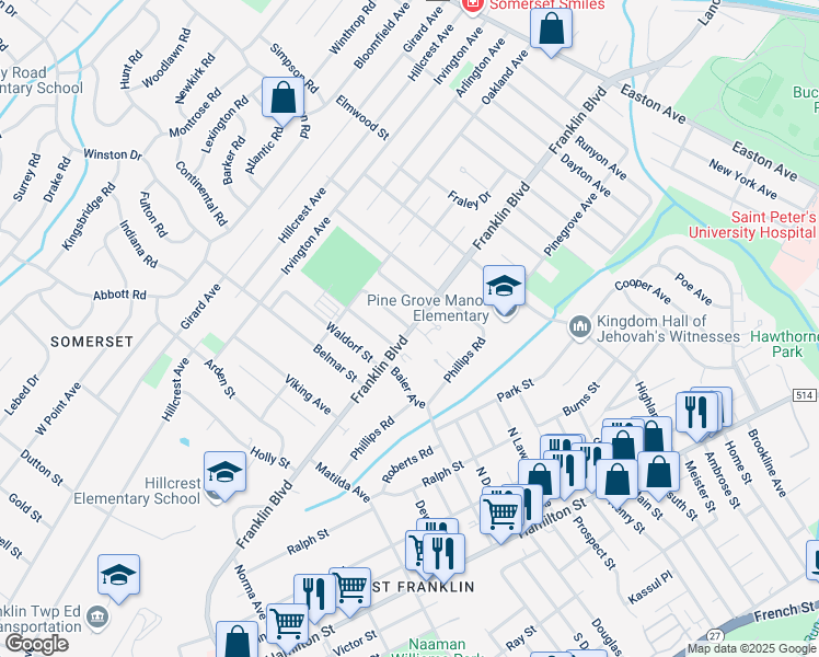 map of restaurants, bars, coffee shops, grocery stores, and more near 265 Franklin Boulevard in Franklin Township