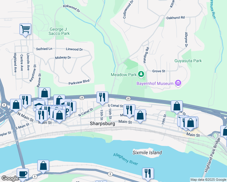 map of restaurants, bars, coffee shops, grocery stores, and more near 44 Kittanning Pike in Pittsburgh