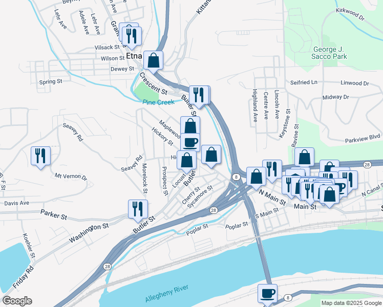 map of restaurants, bars, coffee shops, grocery stores, and more near 419 Butler Street in Pittsburgh