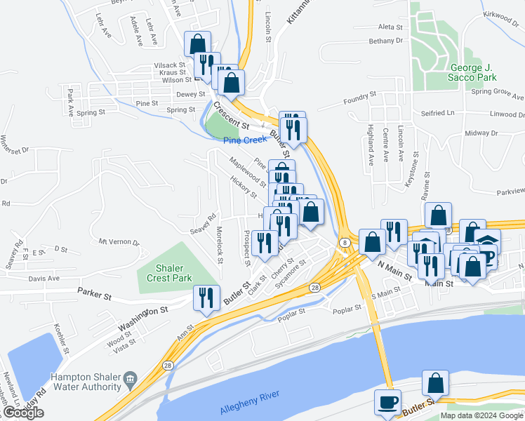 map of restaurants, bars, coffee shops, grocery stores, and more near 14 Hickory Street in Pittsburgh