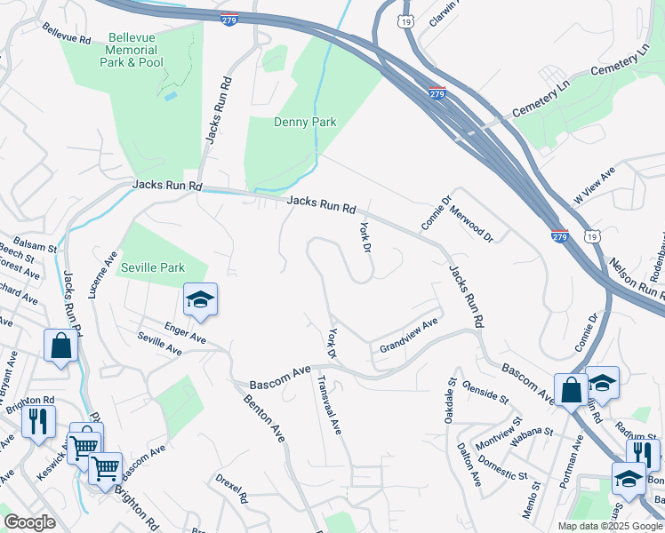 map of restaurants, bars, coffee shops, grocery stores, and more near 52 York Drive in Pittsburgh