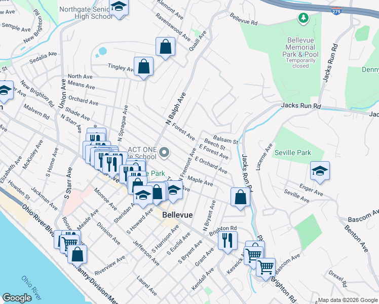 map of restaurants, bars, coffee shops, grocery stores, and more near 147 North Fremont Avenue in Pittsburgh