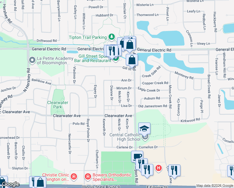 map of restaurants, bars, coffee shops, grocery stores, and more near 3011 Mirium Drive in Bloomington