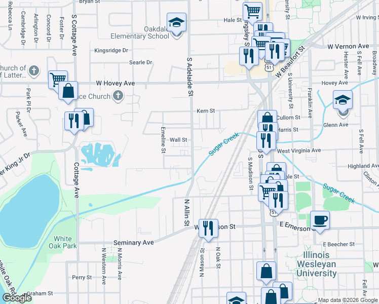 map of restaurants, bars, coffee shops, grocery stores, and more near 1204 South Adelaide Street in Normal