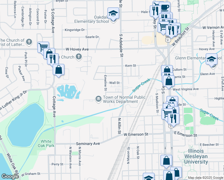 map of restaurants, bars, coffee shops, grocery stores, and more near 1209 Wall Street in Normal