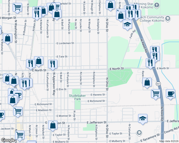 map of restaurants, bars, coffee shops, grocery stores, and more near 922 East North Street in Kokomo