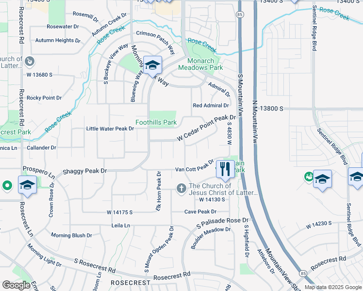 map of restaurants, bars, coffee shops, grocery stores, and more near 13928 Ben Lomond Peak Drive in Riverton