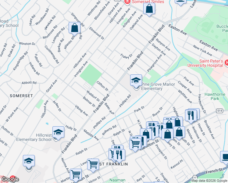 map of restaurants, bars, coffee shops, grocery stores, and more near 265 Franklin Boulevard in Franklin Township