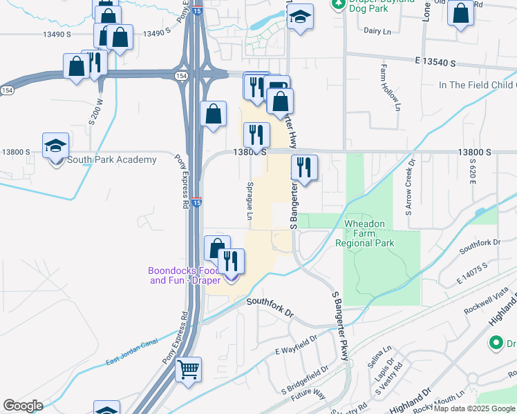 map of restaurants, bars, coffee shops, grocery stores, and more near 13937 Sprague Lane in Draper