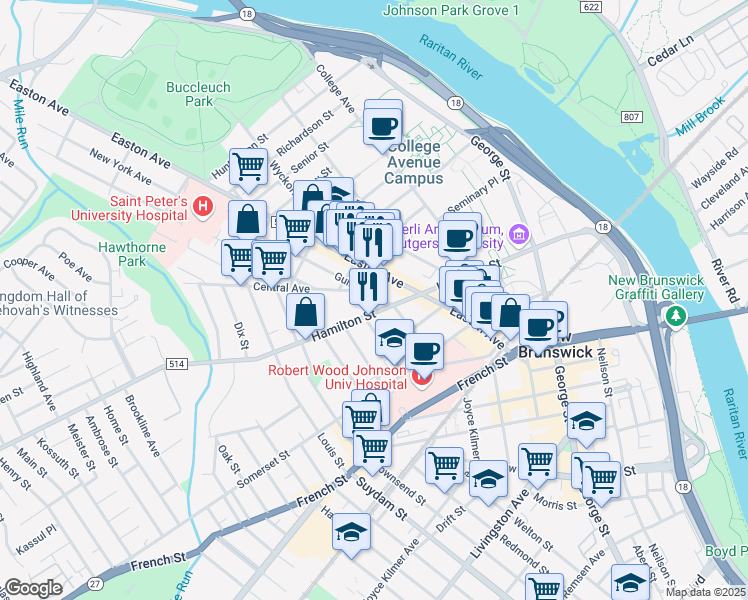 map of restaurants, bars, coffee shops, grocery stores, and more near 10 Guilden Street in New Brunswick