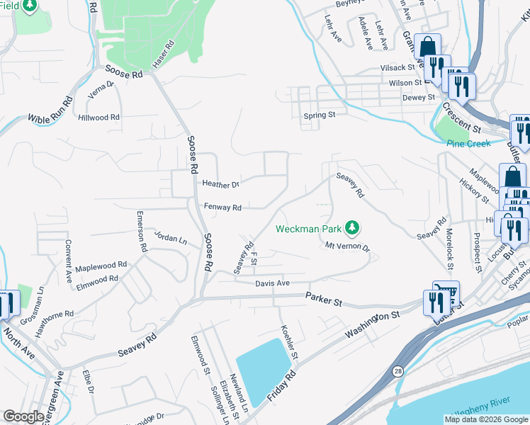 map of restaurants, bars, coffee shops, grocery stores, and more near 96 Fenway Road in Pittsburgh