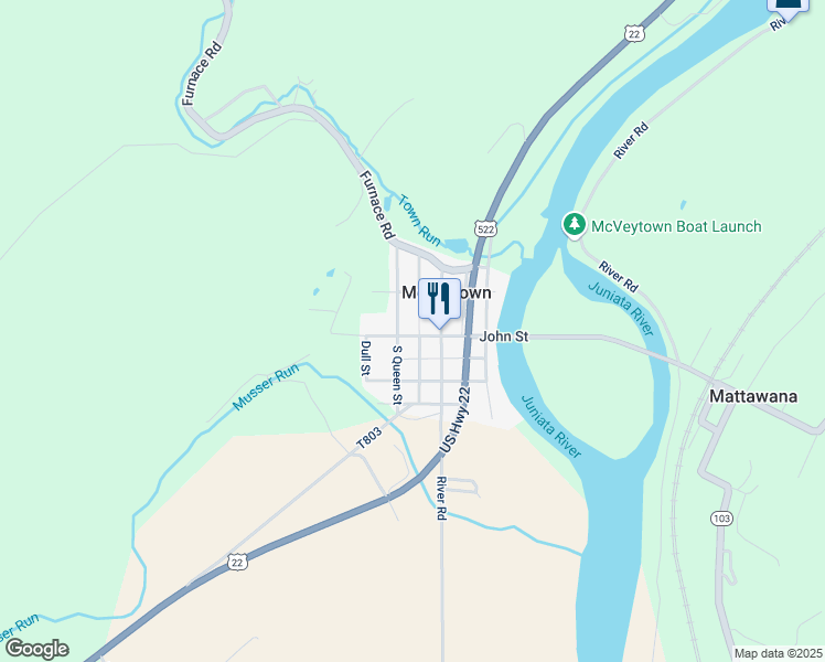 map of restaurants, bars, coffee shops, grocery stores, and more near 9 John Street in McVeytown