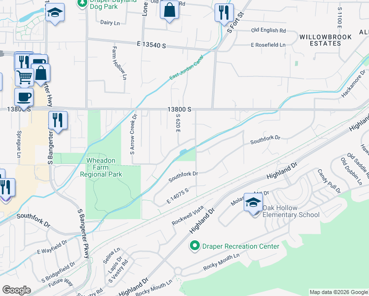 map of restaurants, bars, coffee shops, grocery stores, and more near 652 East 13970 South in Draper
