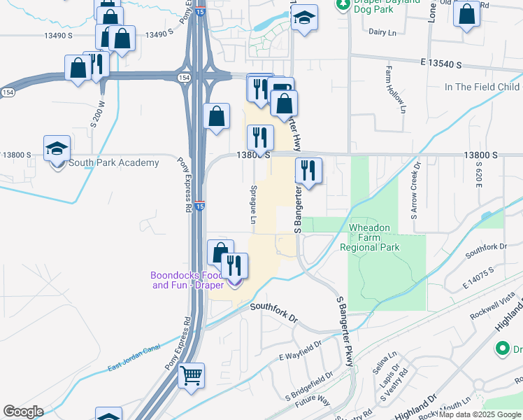 map of restaurants, bars, coffee shops, grocery stores, and more near 13937 Sprague Lane in Draper