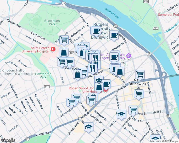 map of restaurants, bars, coffee shops, grocery stores, and more near 15 Guilden Street in New Brunswick