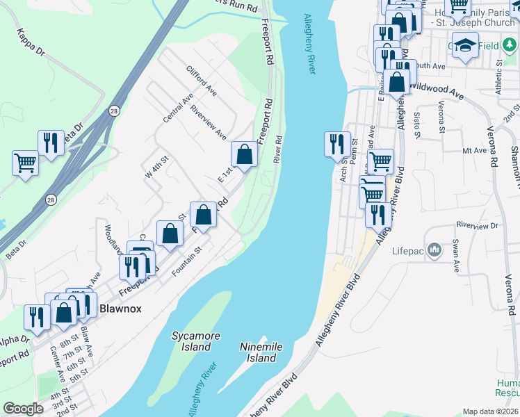 map of restaurants, bars, coffee shops, grocery stores, and more near 1 River Rd in Pittsburgh